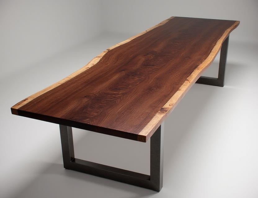 A live-edge black walnut dining table with a rich, dark finish.
