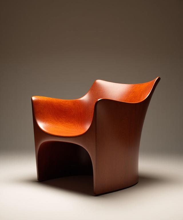 A sculptural cherry wood lounge chair with a comfortable, curved back.