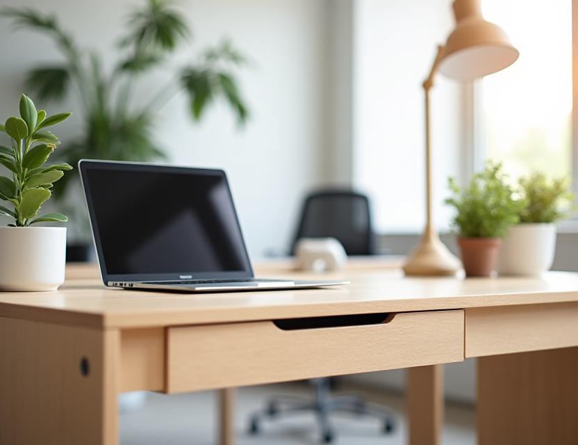 A clean, modern maple wood desk with a laptop and plant on it.