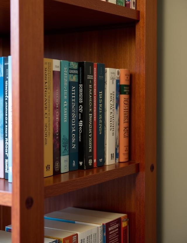 A tall cherry wood bookshelf filled with books, showing intricate joinery.