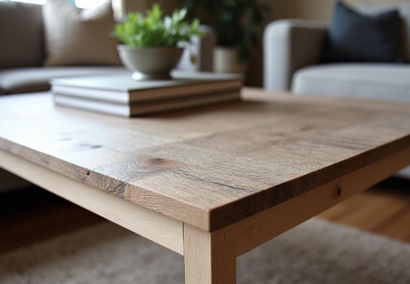 A rustic reclaimed wood coffee table with a smooth finish.