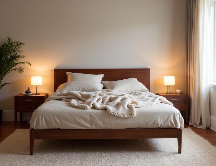 A queen-sized walnut platform bed frame in a cozy bedroom setting.
