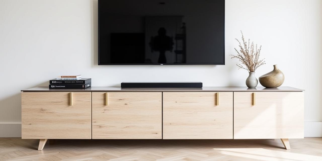 A long, low-profile white oak media console under a wall-mounted TV.