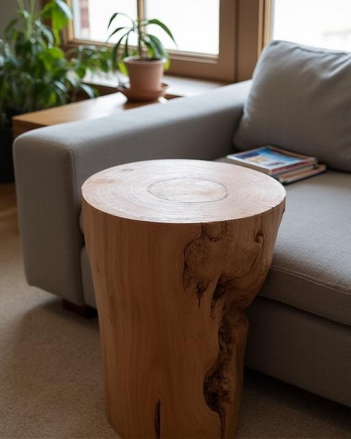 A rustic, solid wood end table next to a sofa.