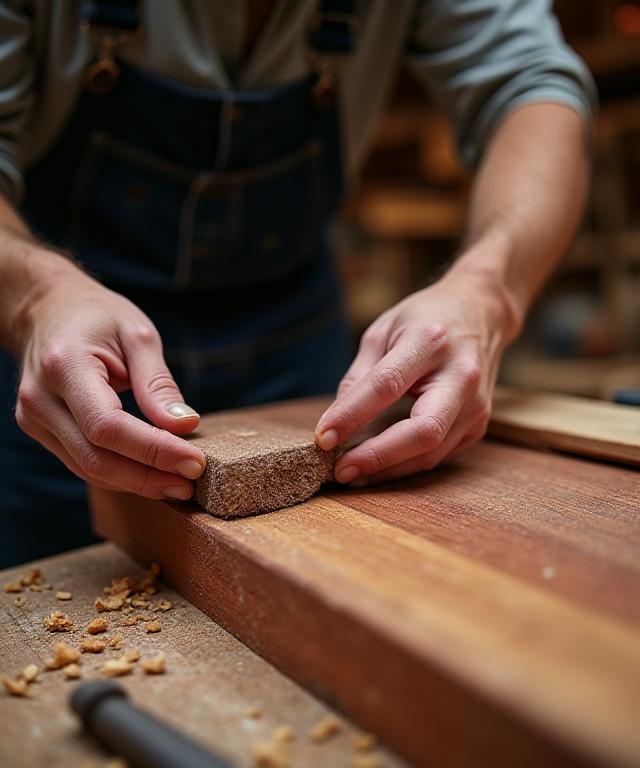 An artisan carefully sanding a piece of cherry wood in a rustic workshop.